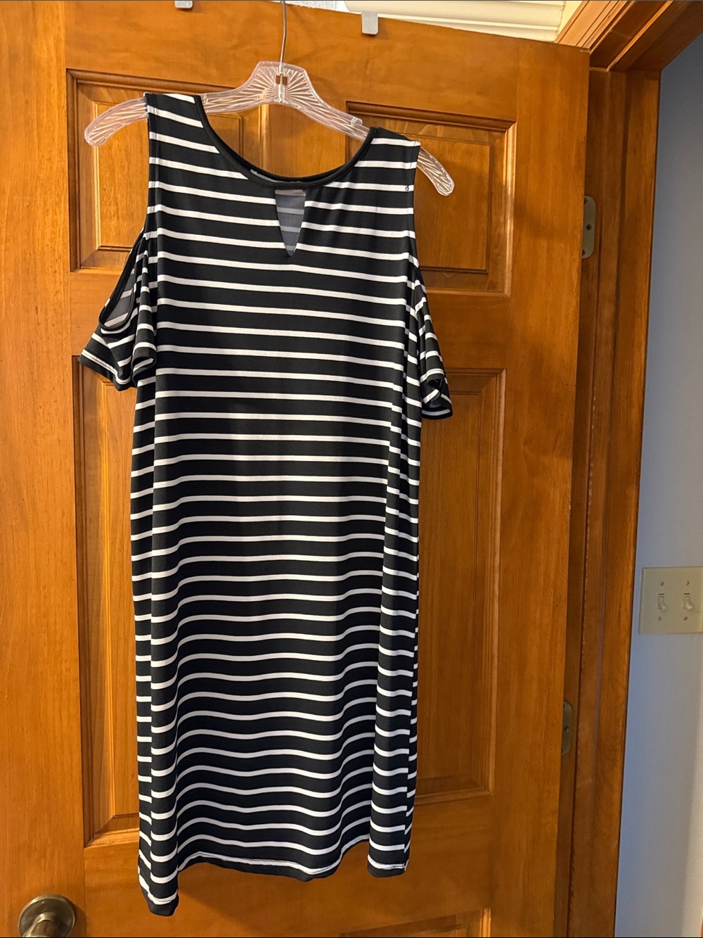 Black & White Striped Cold-Shoulder Dress